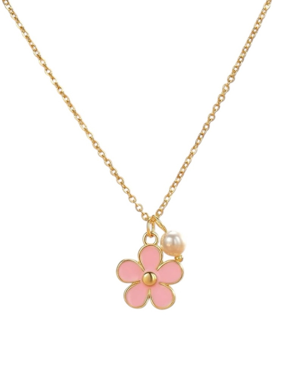 HGDEER Gold Chain Necklace with Pink Enamel Flower and Pearl Charm